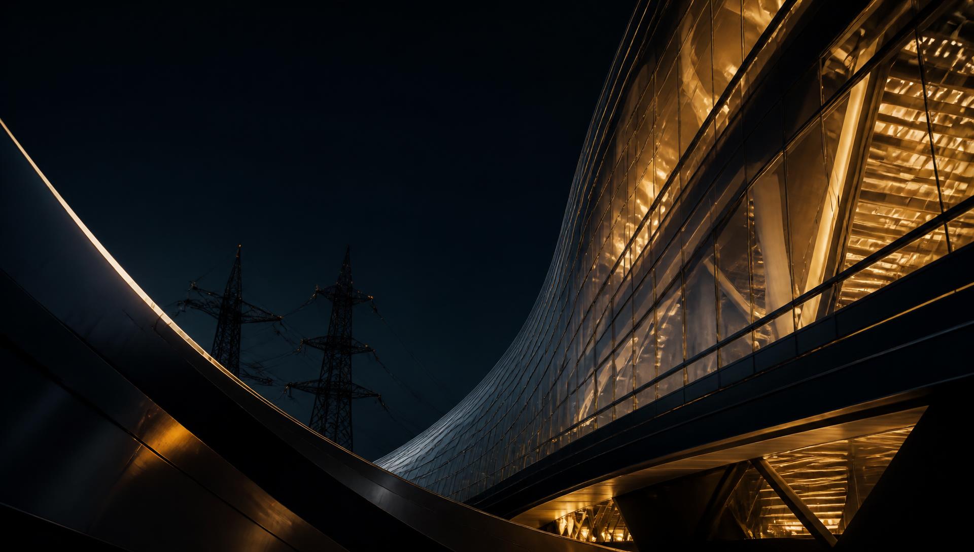Modern industrial architecture illuminated at night